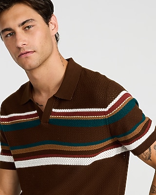 Cotton Open Knit Striped Pointelle Johnny Collar Short Sleeve Sweater Polo