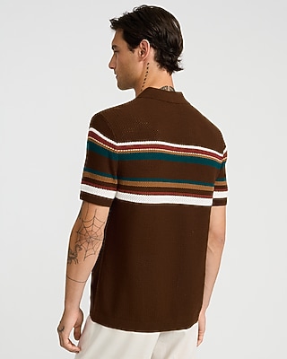 Cotton Open Knit Striped Pointelle Johnny Collar Short Sleeve Sweater Polo