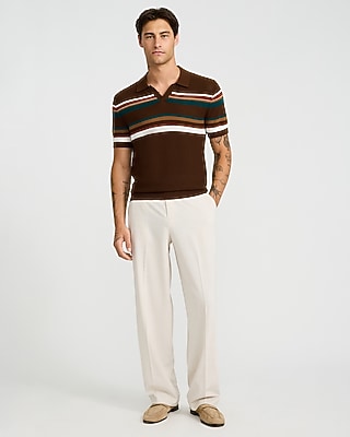 Cotton Open Knit Striped Pointelle Johnny Collar Short Sleeve Sweater Polo