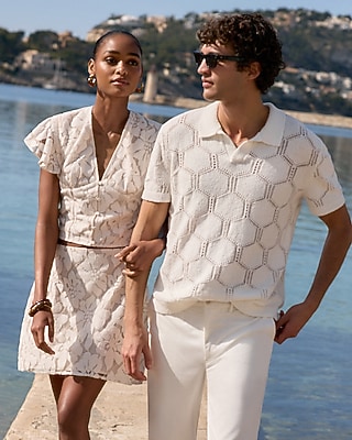 Geo Open Knit Johnny Collar Short Sleeve Sweater Polo