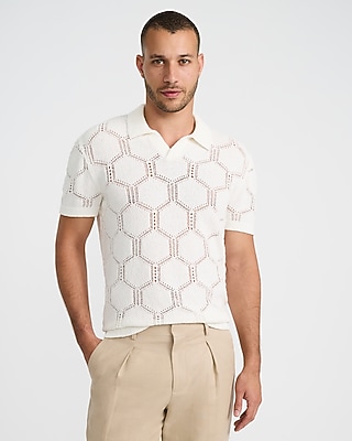 Geo Open Knit Johnny Collar Short Sleeve Sweater Polo