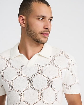 Geo Open Knit Johnny Collar Short Sleeve Sweater Polo