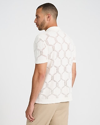 Geo Open Knit Johnny Collar Short Sleeve Sweater Polo | Express