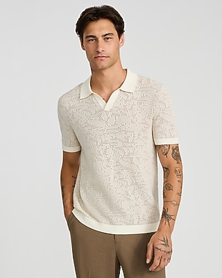 Cotton Open Knit Palm Johnny Collar Short Sleeve Sweater Polo