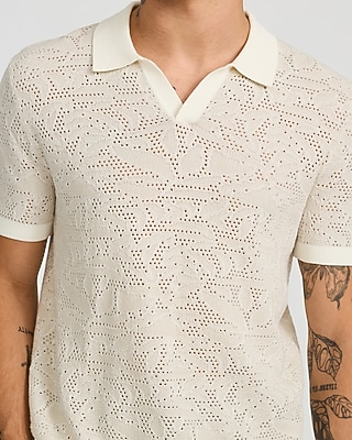 Cotton Open Knit Palm Johnny Collar Short Sleeve Sweater Polo