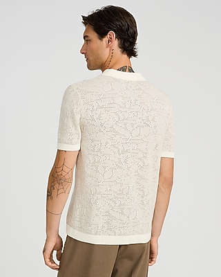 Cotton Open Knit Palm Johnny Collar Short Sleeve Sweater Polo