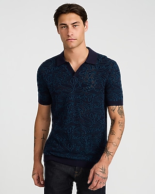 Cotton Open Knit Palm Johnny Collar Short Sleeve Sweater Polo
