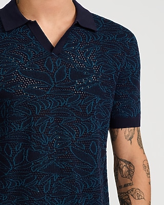 Cotton Open Knit Palm Johnny Collar Short Sleeve Sweater Polo
