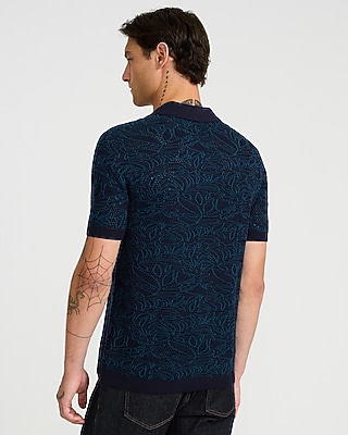 Cotton Open Knit Palm Johnny Collar Short Sleeve Sweater Polo