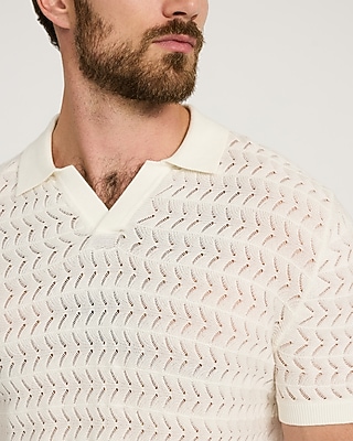 Cotton Crescent Open Knit Pointelle Johnny Collar Short Sleeve Sweater Polo