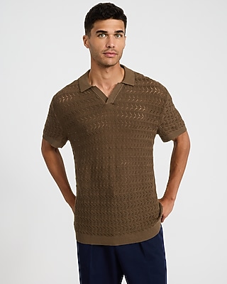 Cotton Crescent Open Knit Pointelle Johnny Collar Short Sleeve Sweater Polo
