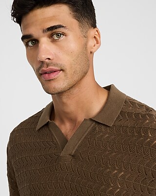 Cotton Crescent Open Knit Pointelle Johnny Collar Short Sleeve Sweater Polo