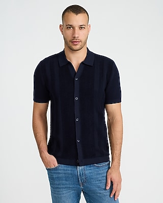 Textured Striped Terry Cloth Cotton Sweater Polo