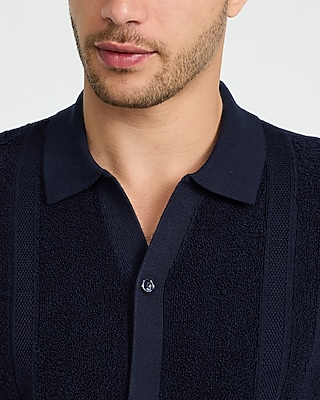 Textured Striped Terry Cloth Cotton Sweater Polo