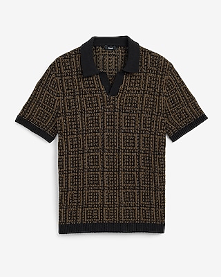 Textured Boucle Geo Tile Print Johnny Collar Sweater Polo - image 5