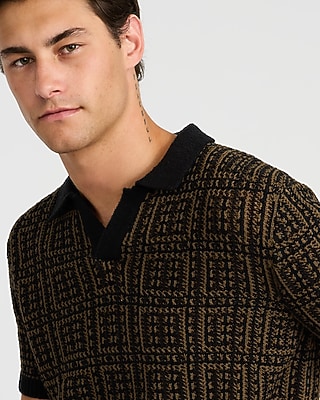 Textured Boucle Geo Tile Print Johnny Collar Sweater Polo - image 2