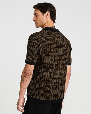 Textured Boucle Geo Tile Print Johnny Collar Sweater Polo - image 3