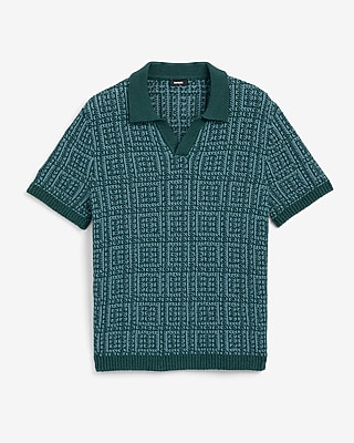 Textured Boucle Geo Tile Print Johnny Collar Sweater Polo
