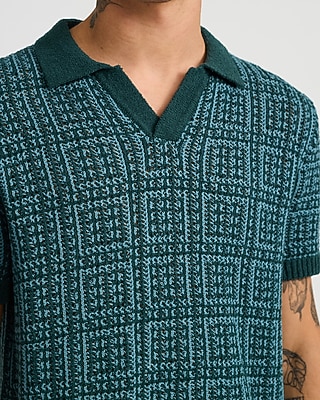 Textured Boucle Geo Tile Print Johnny Collar Sweater Polo
