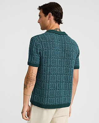Textured Boucle Geo Tile Print Johnny Collar Sweater Polo