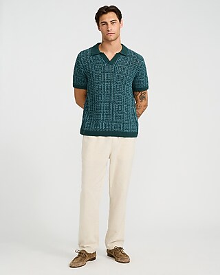 Textured Boucle Geo Tile Print Johnny Collar Sweater Polo