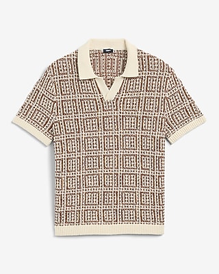 Textured Boucle Geo Tile Print Johnny Collar Sweater Polo