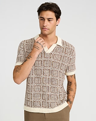 Textured Boucle Geo Tile Print Johnny Collar Sweater Polo