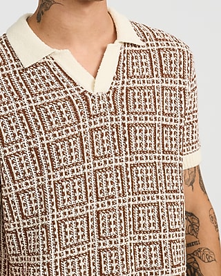 Textured Boucle Geo Tile Print Johnny Collar Sweater Polo
