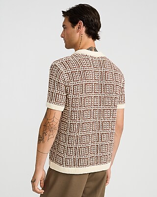 Textured Boucle Geo Tile Print Johnny Collar Sweater Polo