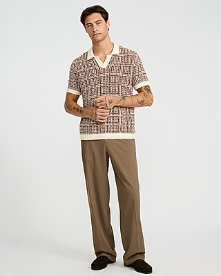 Textured Boucle Geo Tile Print Johnny Collar Sweater Polo