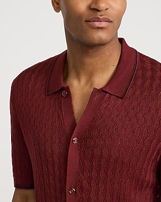 Jersey Tipped Textured Pointelle Sweater Polo