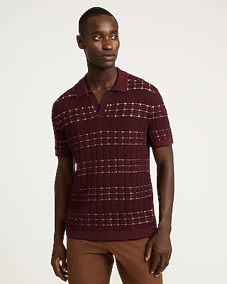 Textured Striped Johnny Collar Cotton Sweater Polo