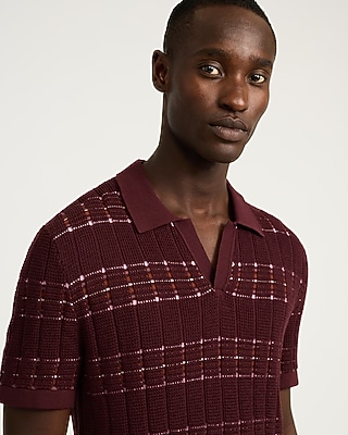 Textured Striped Johnny Collar Cotton Sweater Polo
