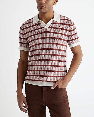 grid striped johnny collar cotton sweater polo