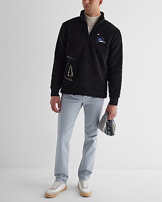Embroidered Print Sherpa Quarter Zip Sweatshirt