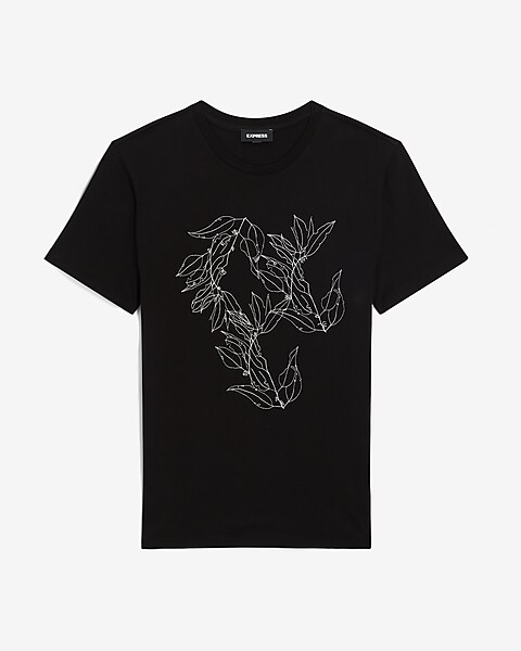 Express Embroidered Leaves Graphic Perfect Pima Cotton T-Shirt Black Men's L