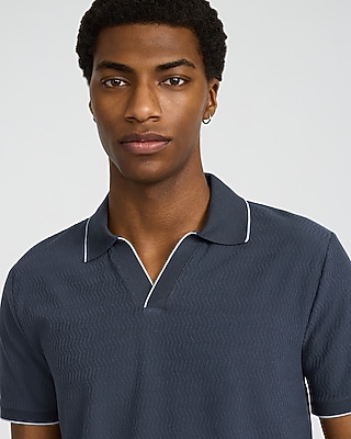 Tipped Zig Zag Textured Johnny Collar Polo