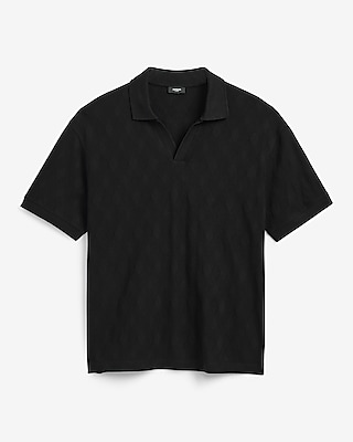 Classic Fit Textured Diamond Jacquard Johnny Collar Short Sleeve Polo