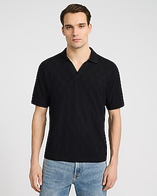 Classic Fit Textured Diamond Jacquard Johnny Collar Short Sleeve Polo