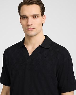Classic Fit Textured Diamond Jacquard Johnny Collar Short Sleeve Polo