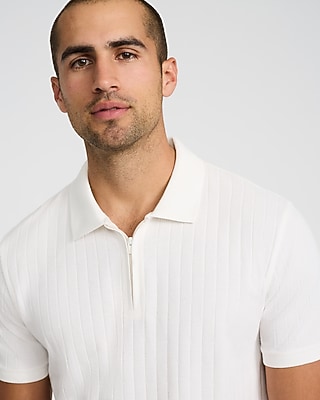 Textured Herringbone Cotton-blend Quarter Zip Polo | Express