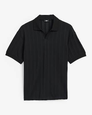 Classic Fit Ribbed Open Knit Johnny Collar Cotton Polo