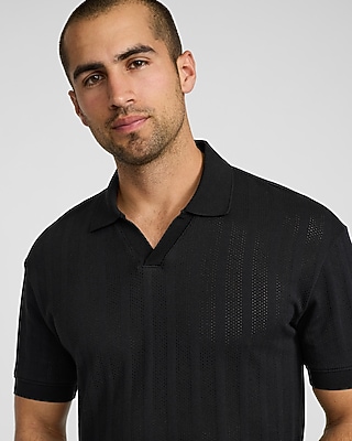 Classic Fit Ribbed Open Knit Johnny Collar Cotton Polo