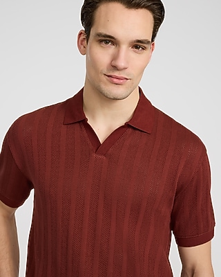 Classic Fit Ribbed Open Knit Johnny Collar Cotton Polo