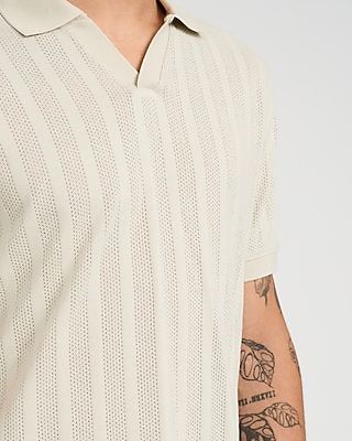 Classic Fit Ribbed Open Knit Johnny Collar Cotton Polo