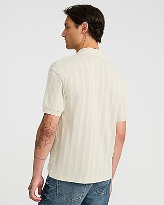 Classic Fit Ribbed Open Knit Johnny Collar Cotton Polo
