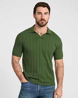 Classic Fit Ribbed Open Knit Johnny Collar Cotton Polo