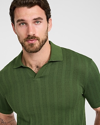 Classic Fit Ribbed Open Knit Johnny Collar Cotton Polo