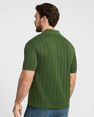 Classic Fit Ribbed Open Knit Johnny Collar Cotton Polo