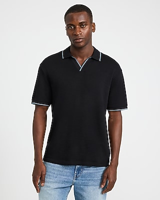 Classic Fit Ribbed Open Knit Johnny Collar Cotton Polo | Express